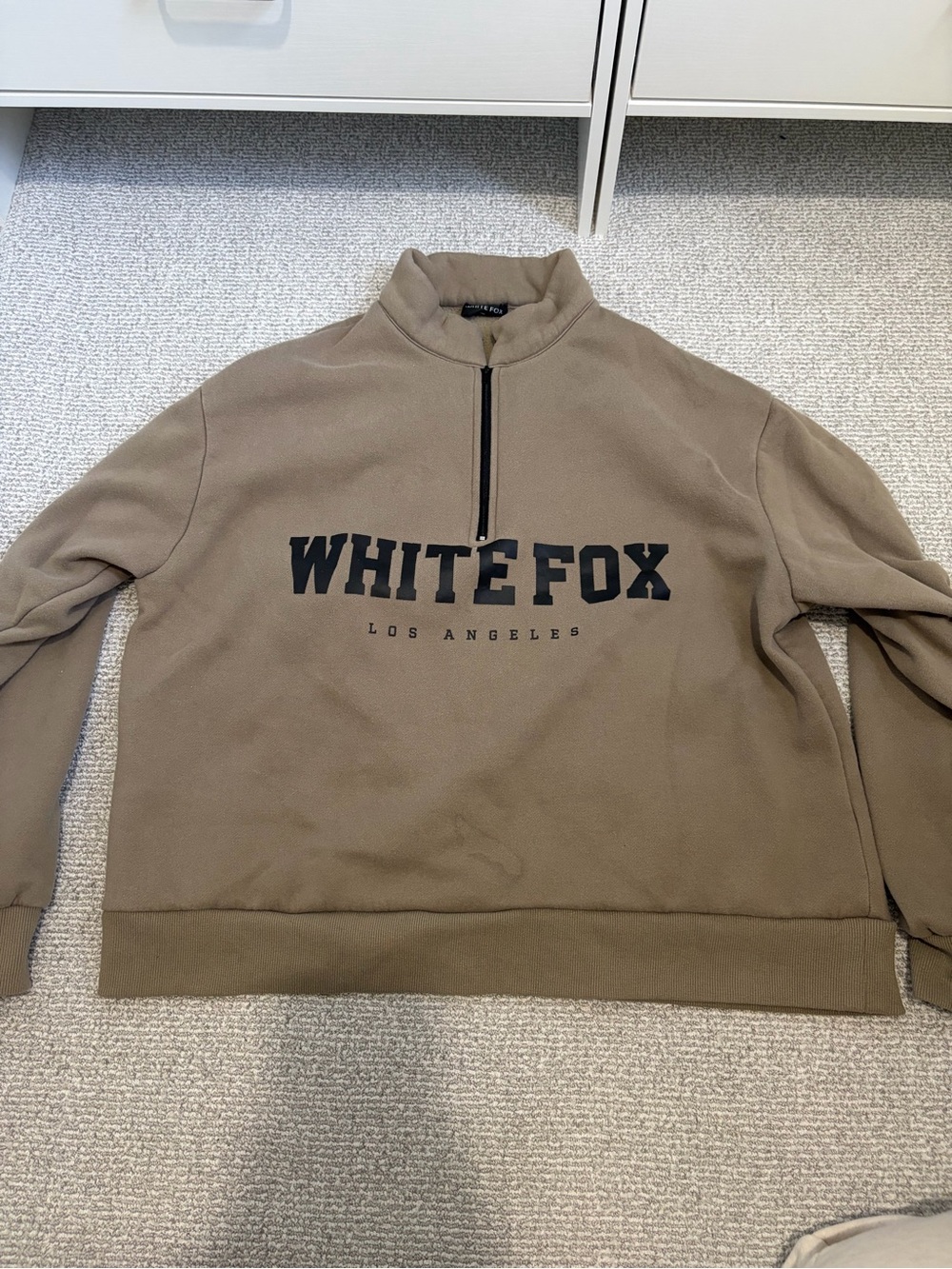White Fox Boutique Taupe Half-Zip Sweatshirt with Black Logo